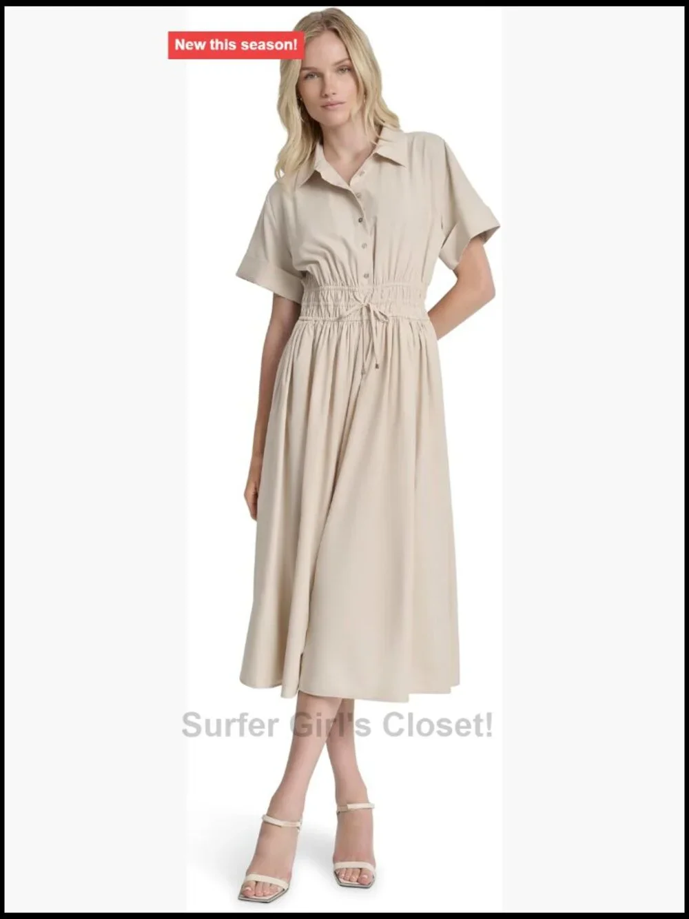 DKNY Short Sleeve Collared Neck Faux Drawstring Cinched Waist Button Front Dress